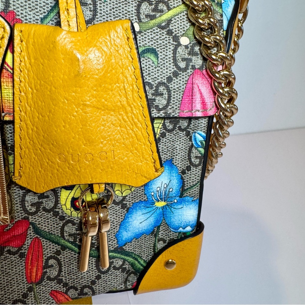 Gucci GG Supreme Monogram Logo Flora Yellow Small Padlock Bamboo Bag W Crossbody - Picture 7 of 16